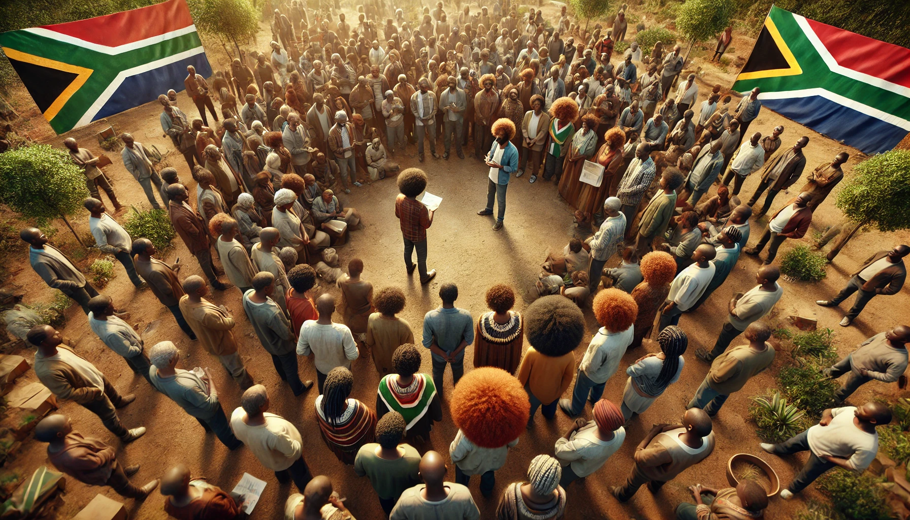 DALL·E 2024-10-30 05.53.36 - A realistic, high-quality, bird's-eye view image of a diverse group of South Africans with natural textured hair, gathered outdoors in a community set
