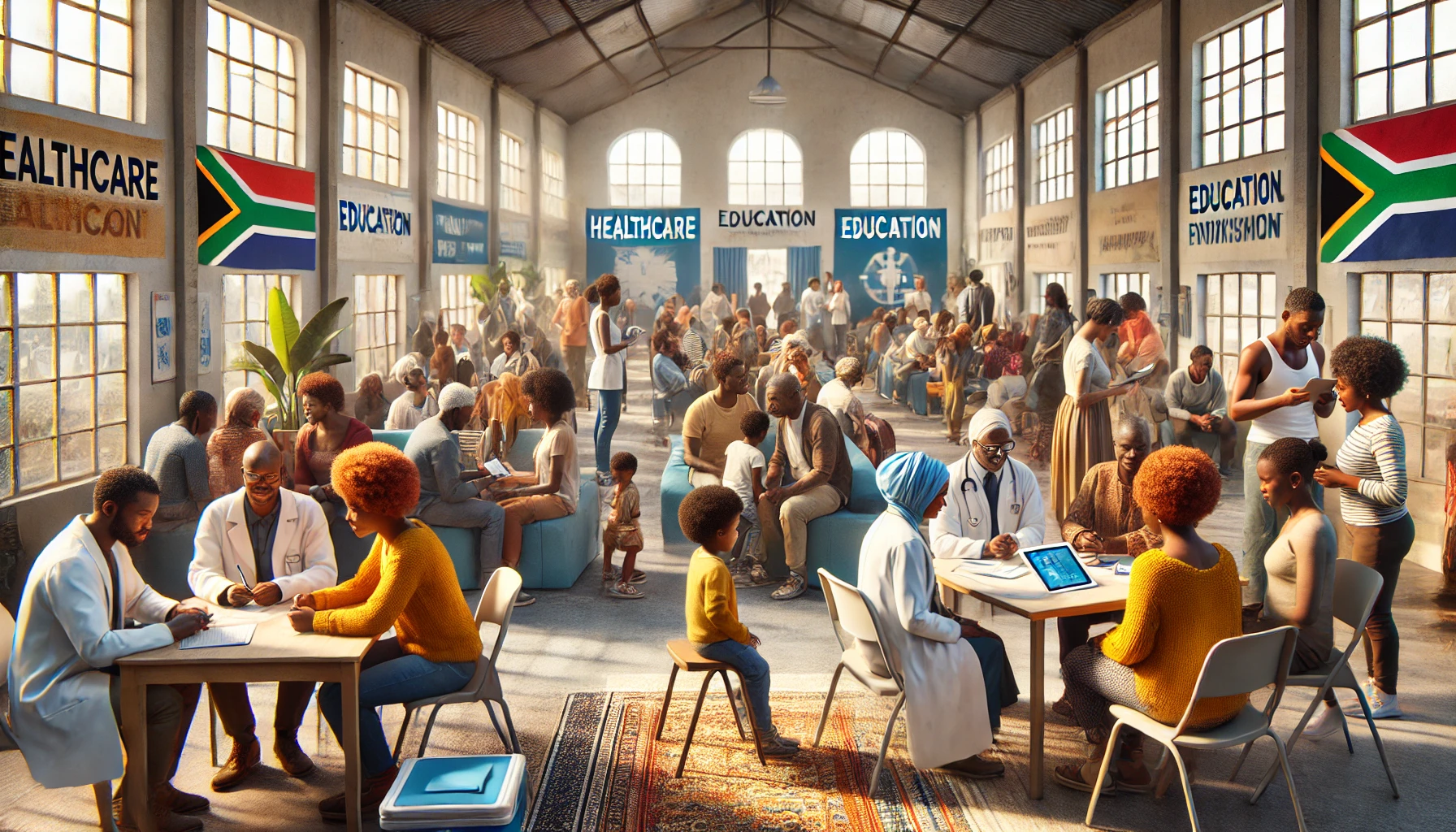 DALL·E 2024-10-30 06.00.29 - A realistic image depicting a community-centered event focused on healthcare, education, and training for empowerment in South Africa. The setting is